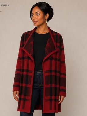 Soft Surroundings Cozy Cottage Red Black Plaid Long Cardigan Sweater M